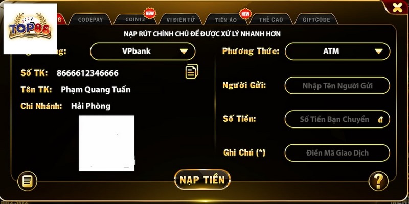Hướng dẫn chi tiết Nạp Tiền tại cổng game Top88