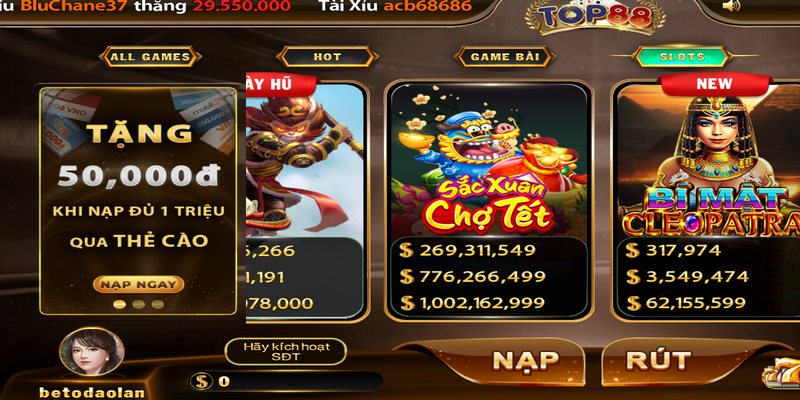 Giao diện thiết kế sảnh game nổ hũ top88 sang trọng